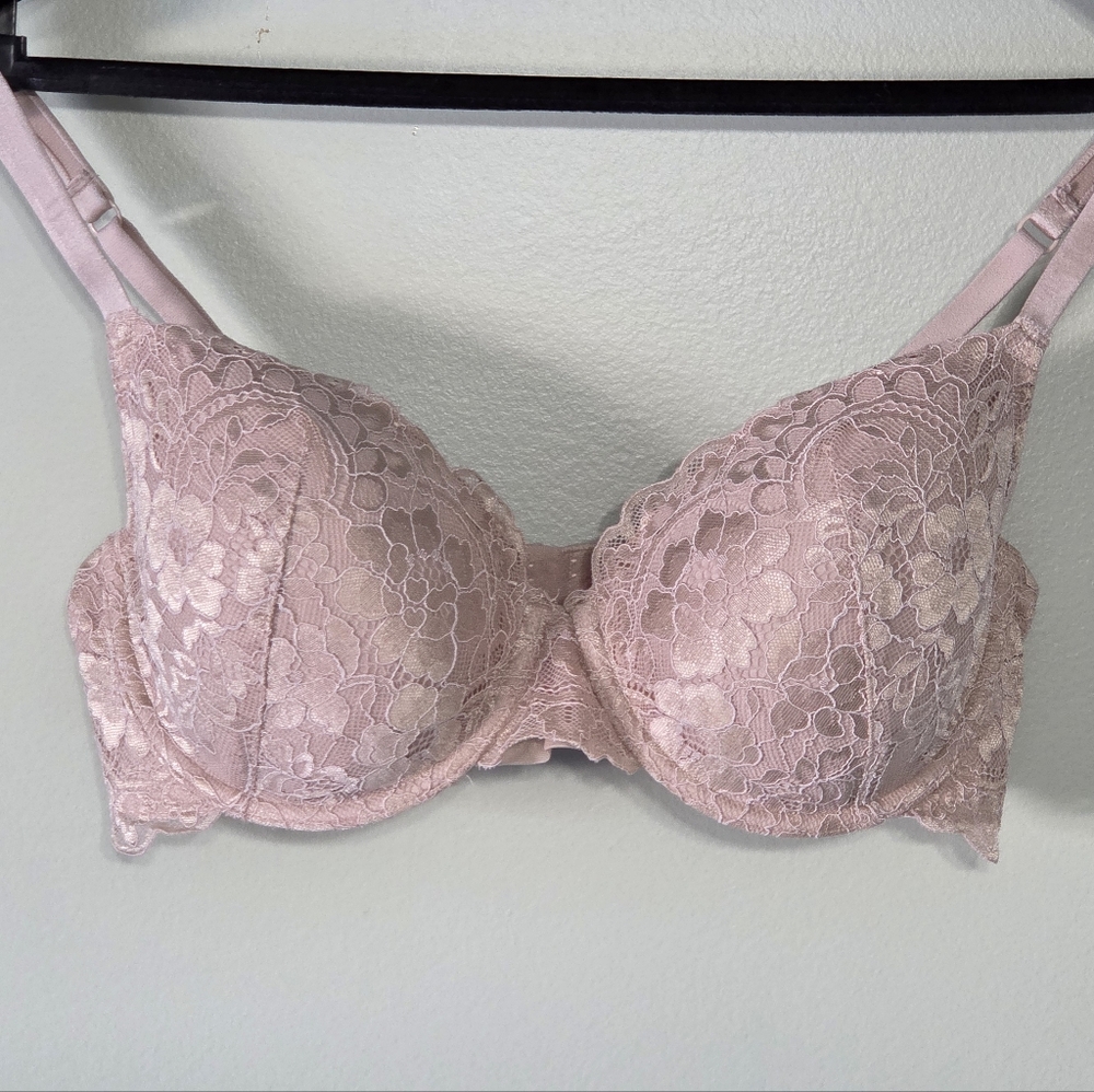 La Senza So Free Full Coverage Dusty Rose Shiny Gold LaceBra Sz 36D Feminine